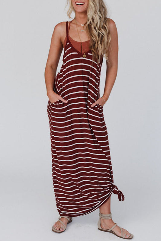 Stripe Side Pockets Spaghetti Straps Maxi Dress