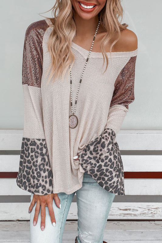 Leopard Sequin Bell Sleeve V Neck Tunic Top