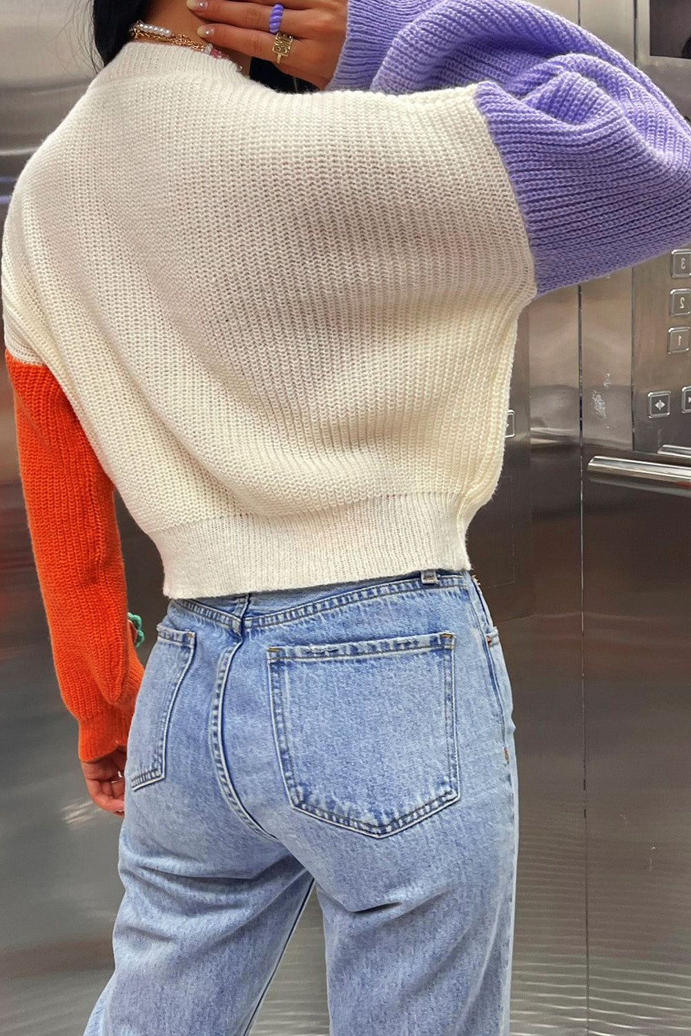 Flower Applique Colorblock Drop Shoulder Sweater