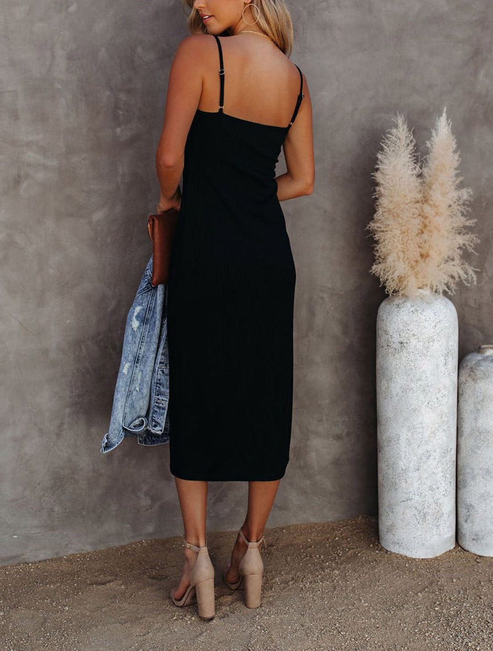 Brown Buttoned Ribbed Knit Sleeveless Midi Dress with Slit