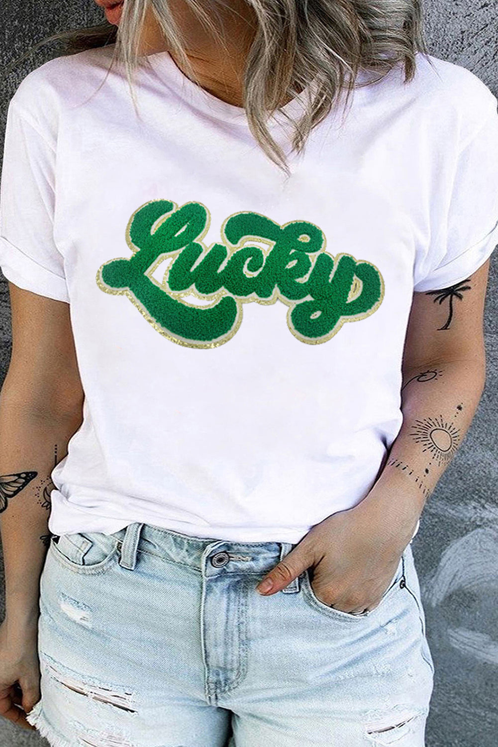 Lucky Chenille Sequin Patch Plus Size T Shirt