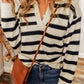 Striped Knit Drop Shoulder Collared V Neck Sweater