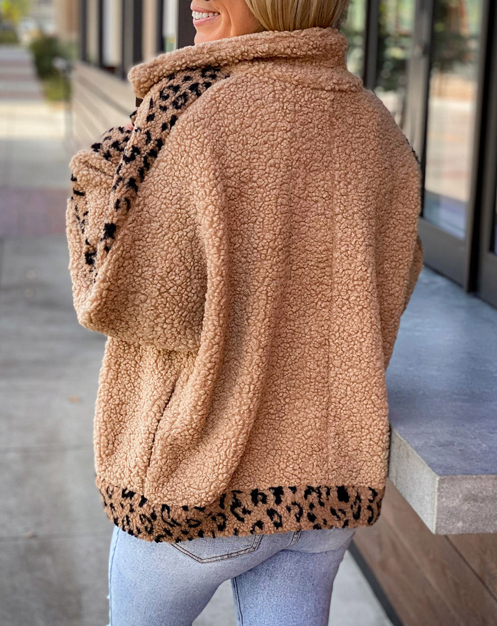 Leopard Contrast Lapel Collar Sherpa Coat