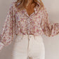 Floral Print Bishop Sleeve Collared V Neck Shirt