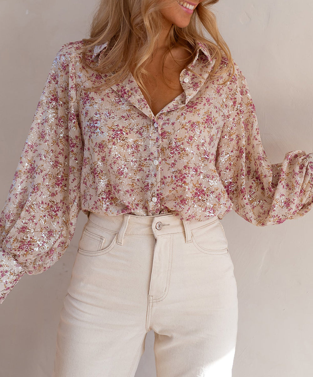 Floral Print Bishop Sleeve Collared V Neck Shirt