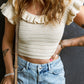 Ruffled Neckline Knitted Short Sleeve Crop Top