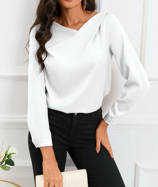 Solid Asymmetric V Neck Long Sleeve Satin Blouse