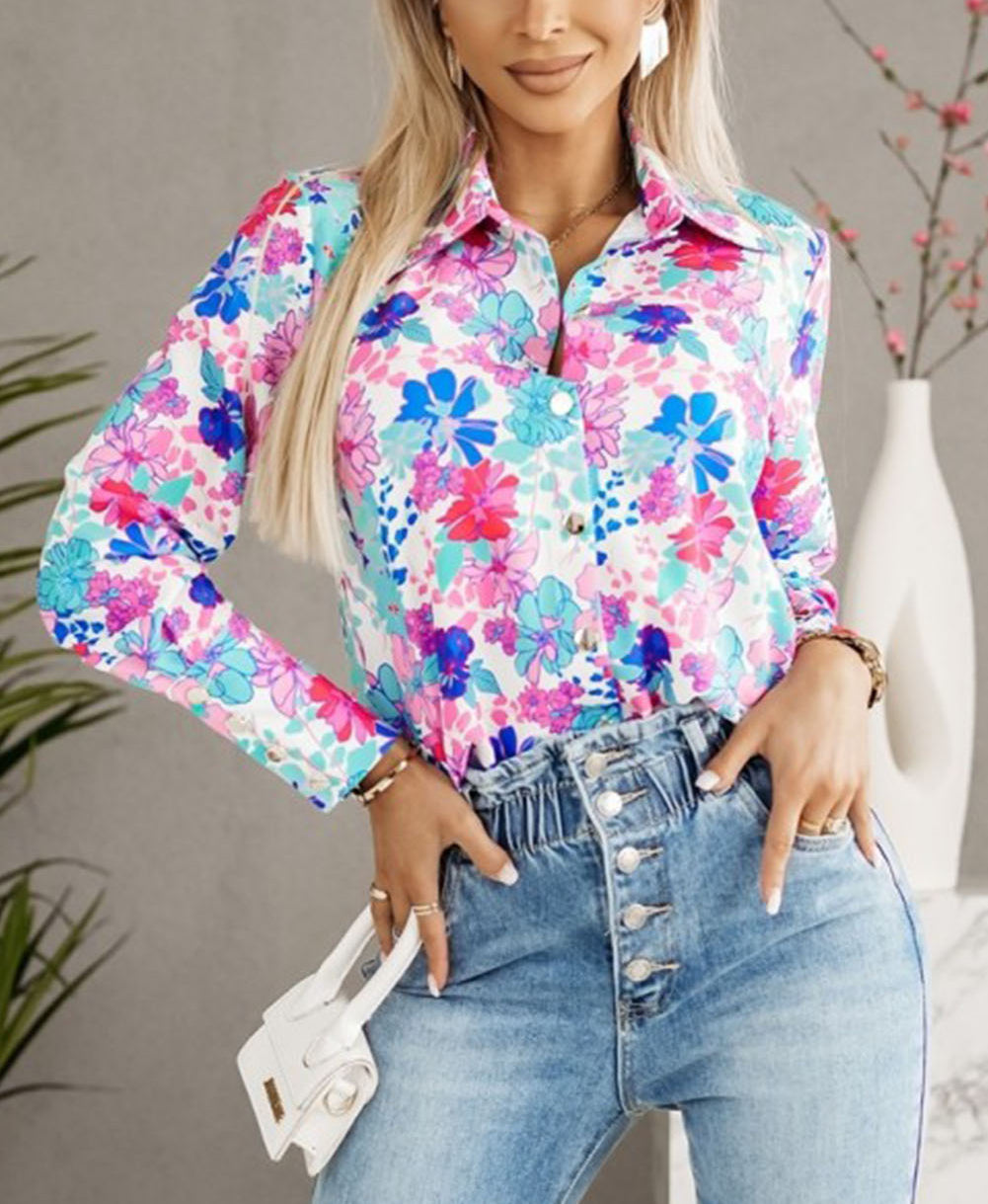 Flower Print Button-up Slim-fit Long Sleeve Shirt