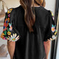 Floral Embroidered Puff Sleeve Split Neck Blouse
