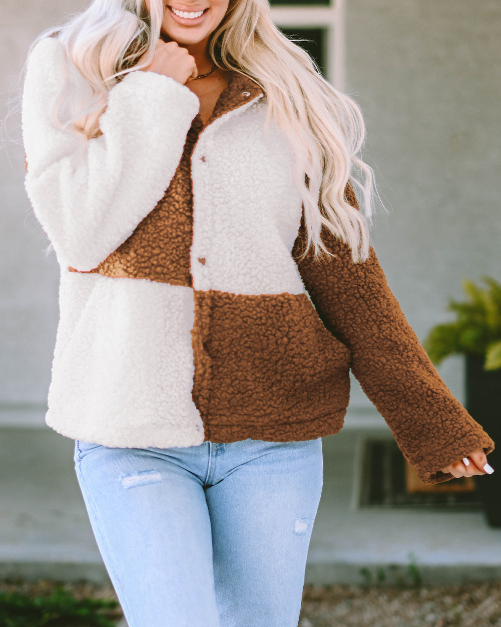 Color Block Sherpa Button Up Jacket