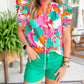 Floral Tie Split Neck Ruffle Trim Blouse