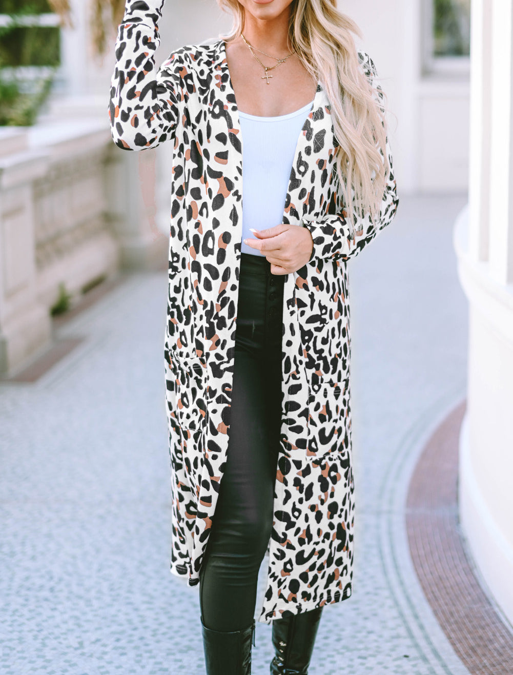 Leopard Pocketed Open Front Duster Cardigan