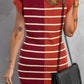 Stripe Color Block Quarter Zip Collar Short Sleeve Sweater Dress