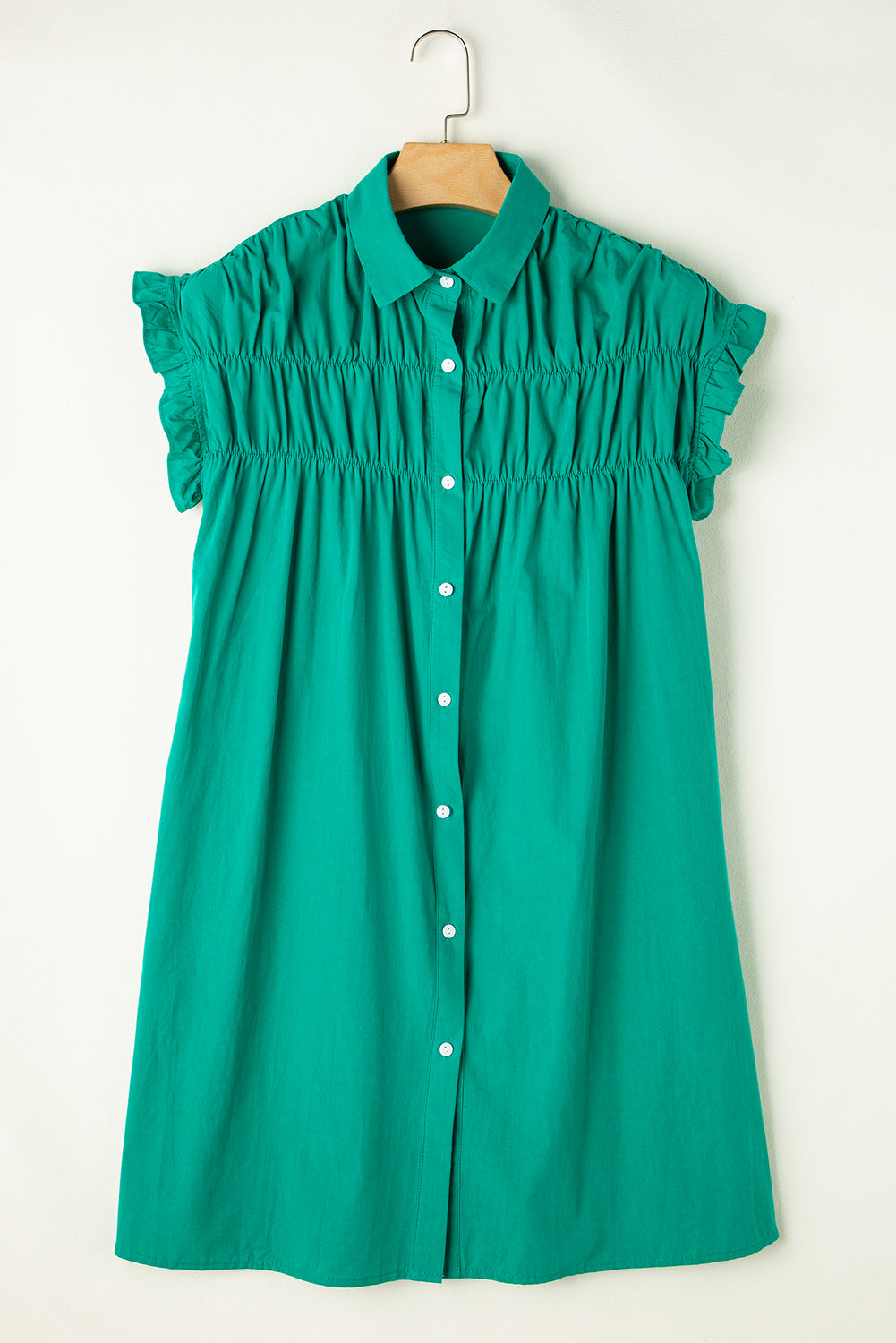 Shirred Ruffle Sleeve Button Up Short Dress