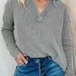 Gray V Neck Collared Retro Waffle Long Sleeve Top