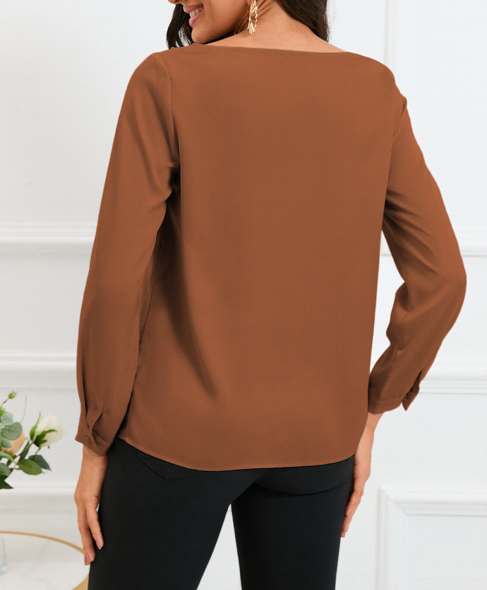 Solid Asymmetric V Neck Long Sleeve Satin Blouse
