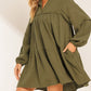Frayed Trim Split Neck Puff Sleeve Flared Dress