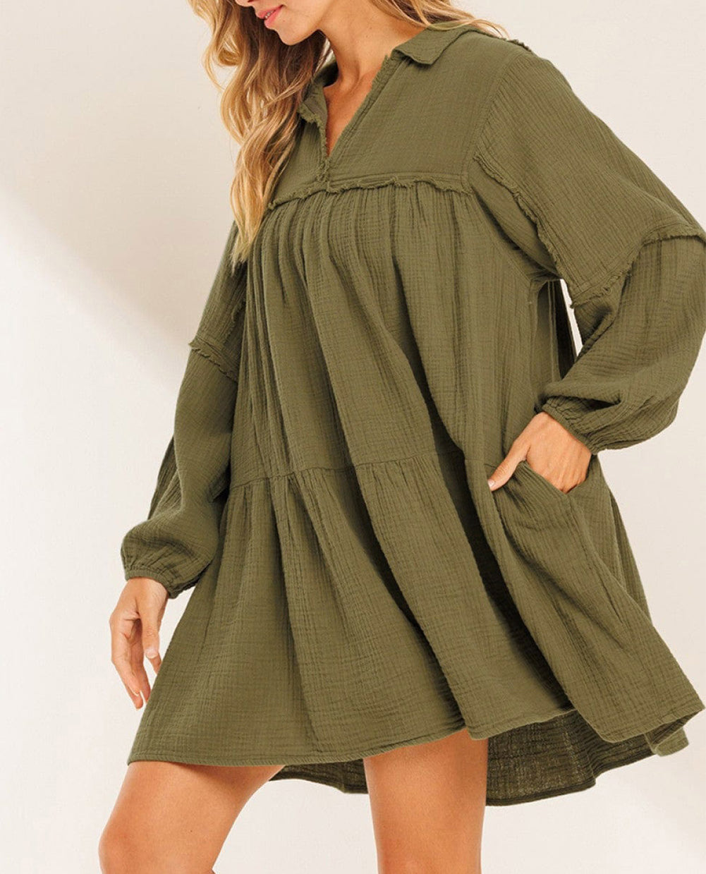 Frayed Trim Split Neck Puff Sleeve Flared Dress