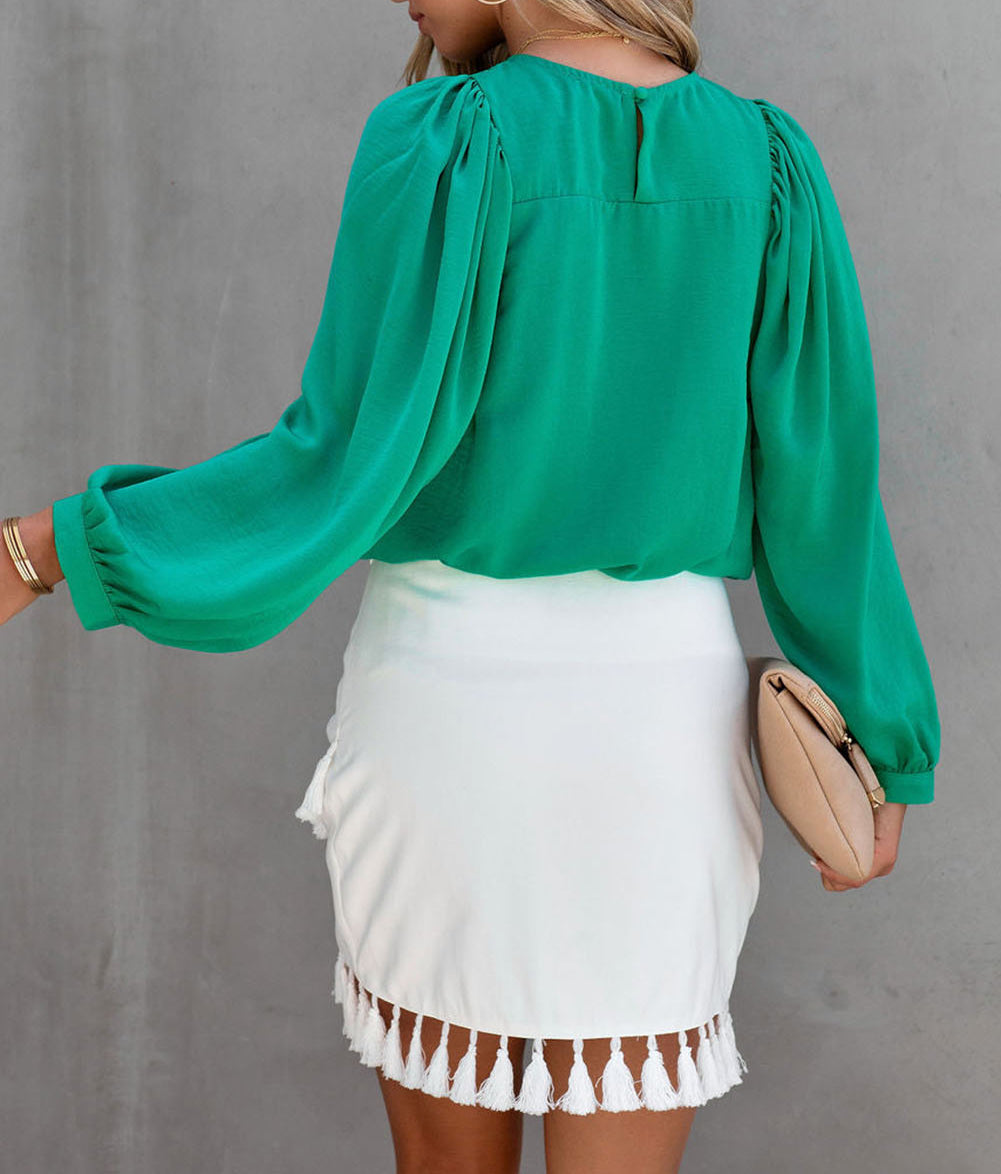 Satin Puff Long Sleeve Crewneck Blouse