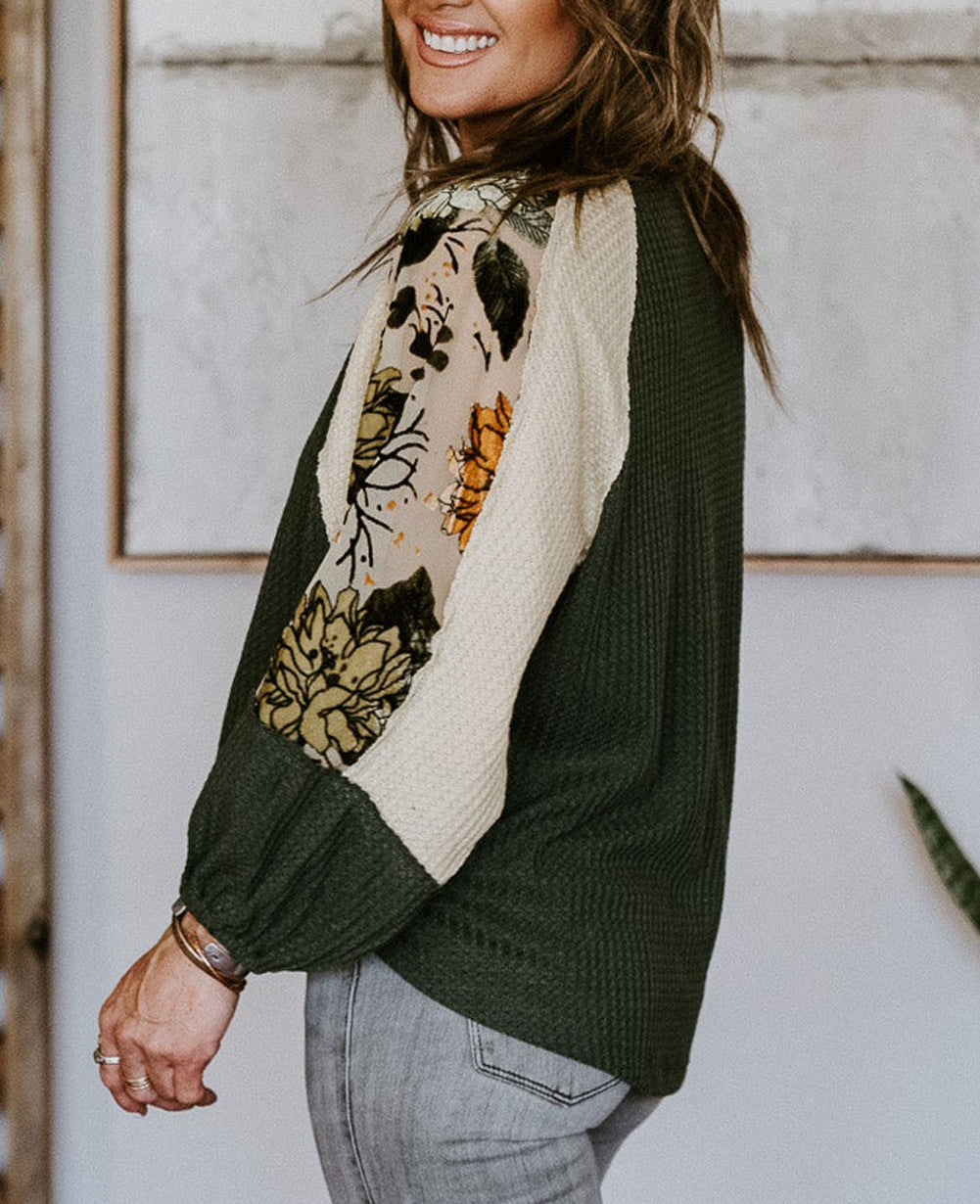 Plus Size Floral Raglan Colorblock Patchwork Knit Blouse