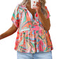Boho Abstract Pattern Split V Neck Flowy Blouse