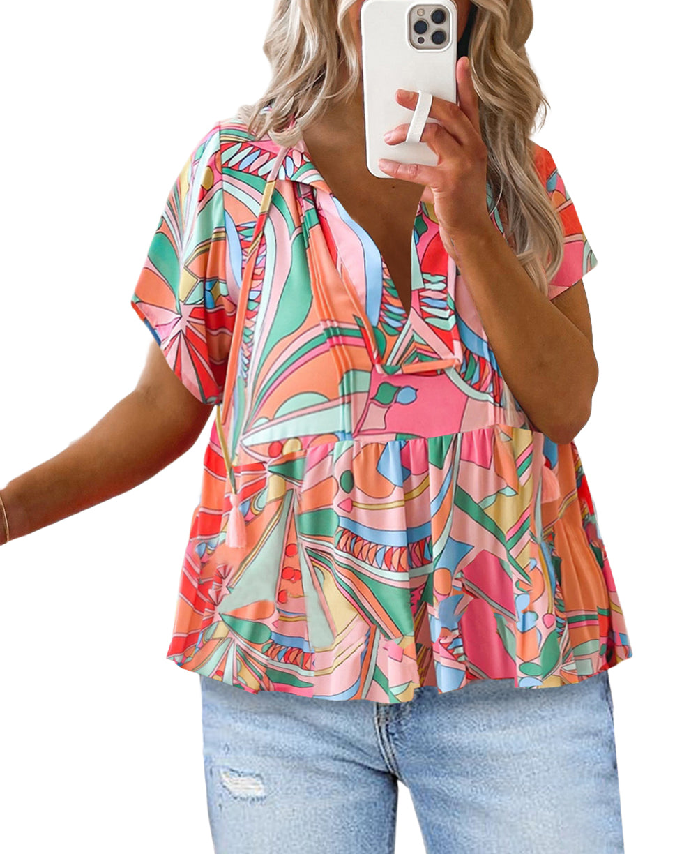 Boho Abstract Pattern Split V Neck Flowy Blouse