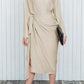 Satin Wrap Tie Side Boat Neck Long Sleeve Dress