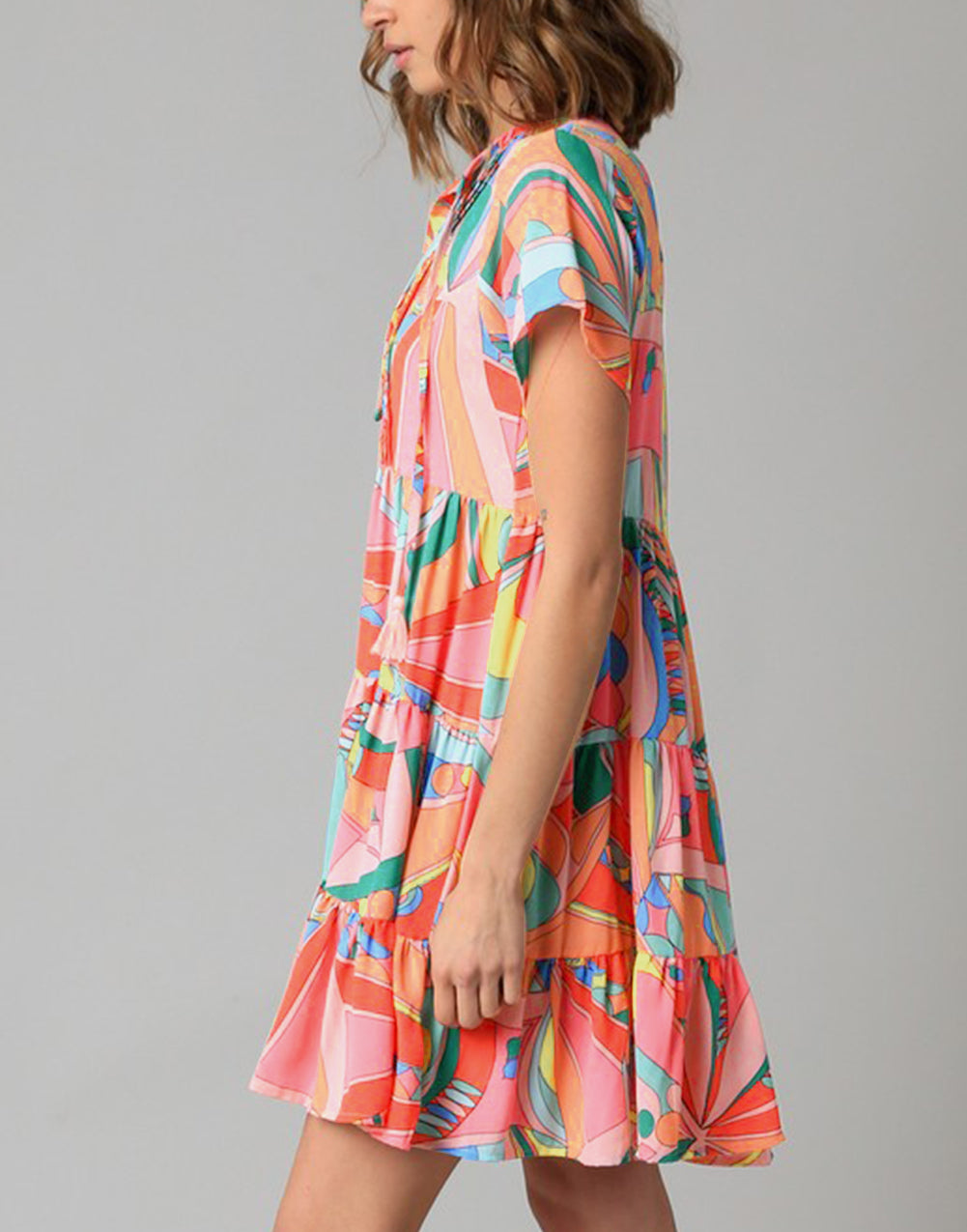 Abstract Geometric Print Tassel Tie Flared Dress