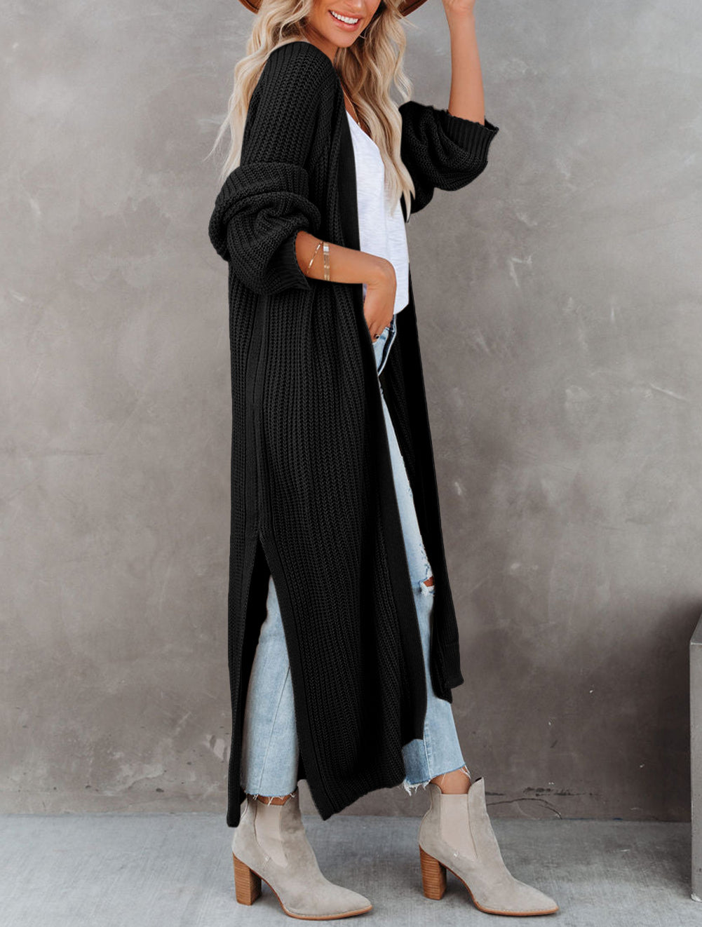 Open Front Side Slit Duster Knit Cardigan