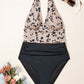 Leopard Halter Backless Plunge V Neck One Piece Swimsuit