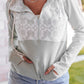Lace Patch Thumbhole Sleeve Zipped Kangaroo Pocket Hoodie