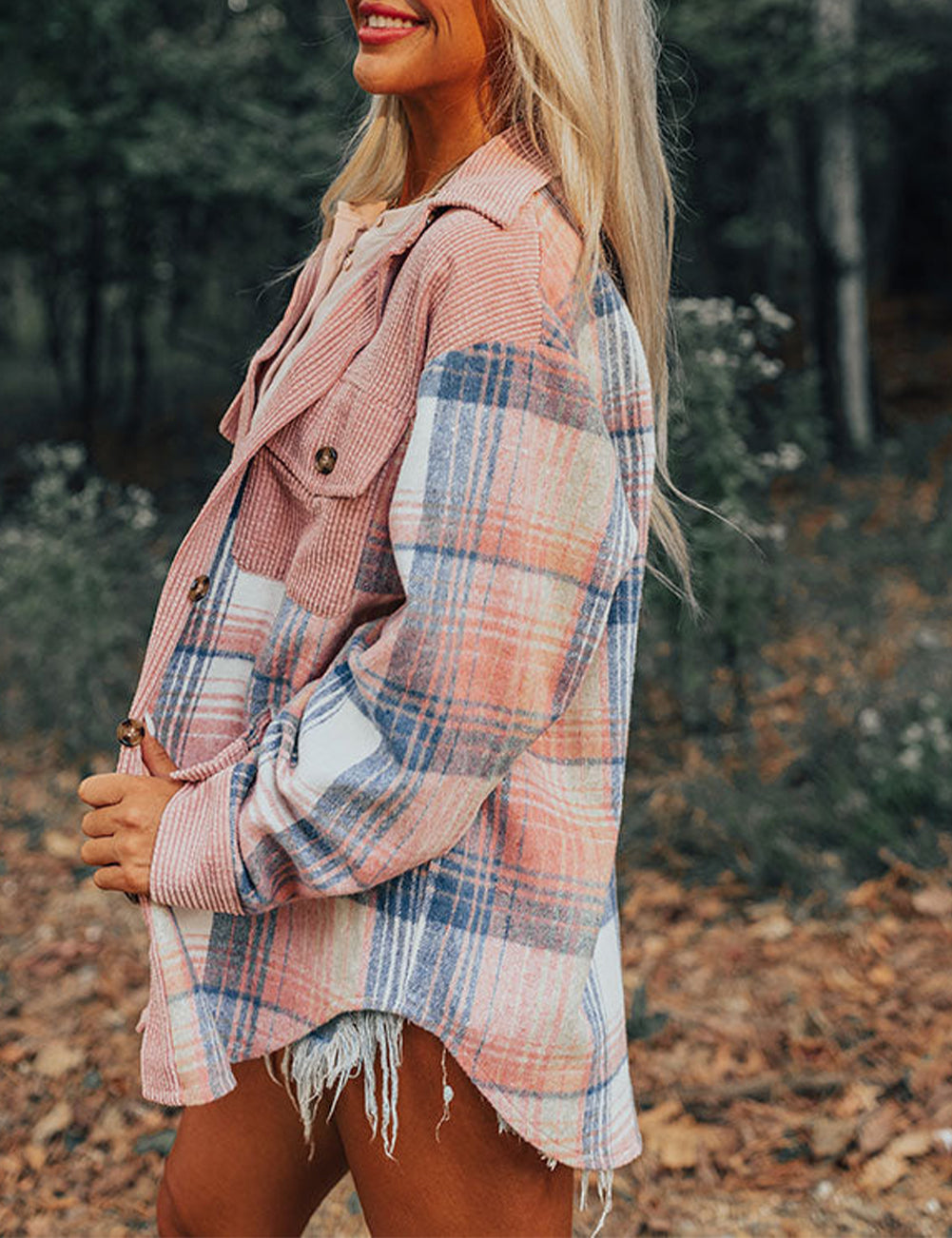 Plaid Corduroy Patchwork Chest Pocket Shacket