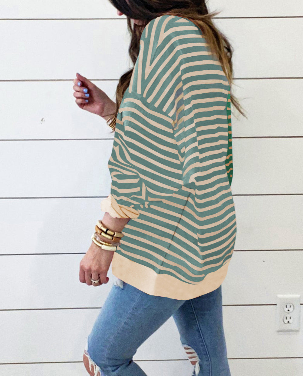 Stripe Casual Stripe Colorblock Drop Shoulder Oversize Sweatshirt