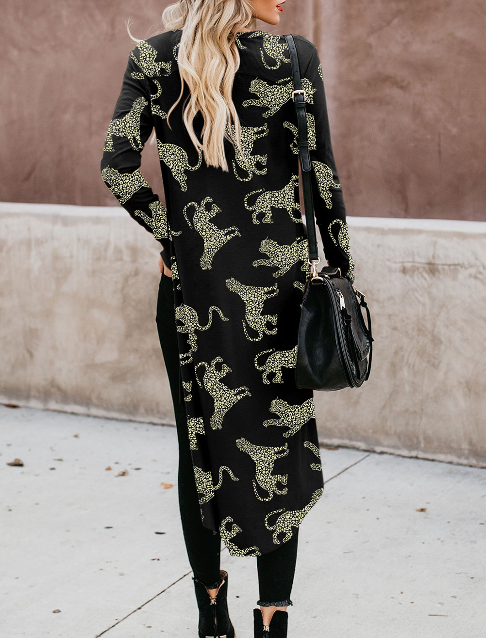 Printed Animal Print Ribbed Knit Cardigan