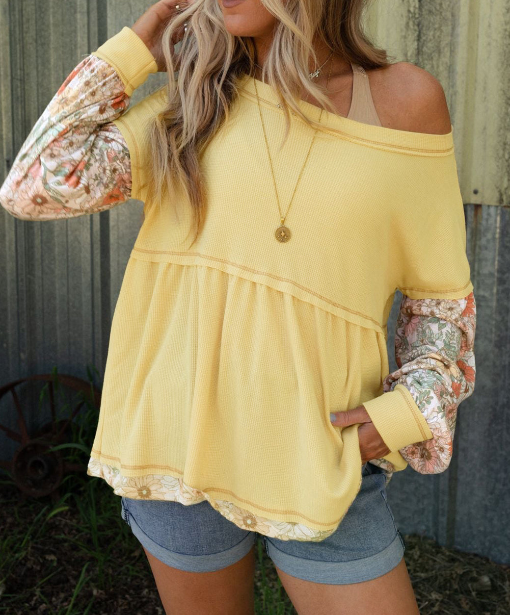 Floral Patchwork Waffle Knit Babydoll Blouse