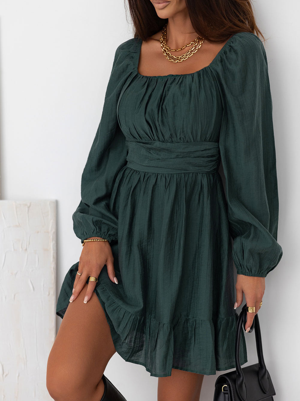 Ruched Square Neck Puff Sleeve Mini Dress