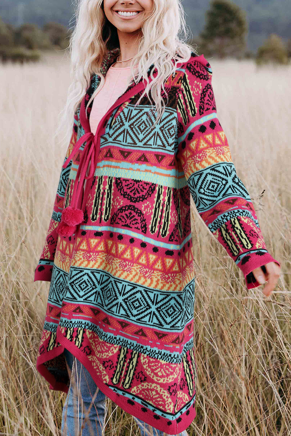 Boho Aztec Knitted Pom Pom Tie Hooded Cardigan