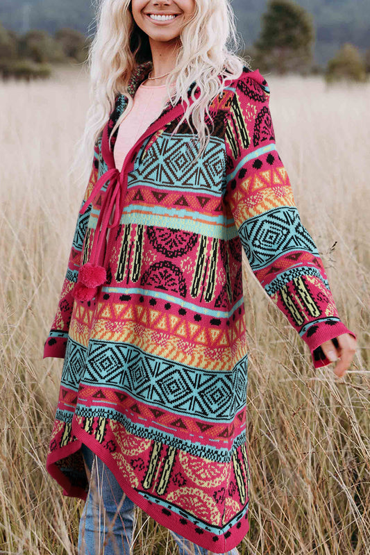 Boho Aztec Knitted Pom Pom Tie Hooded Cardigan