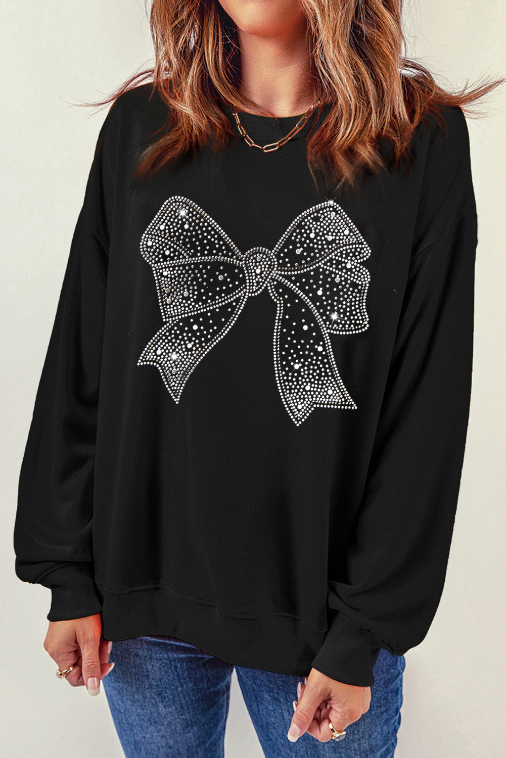 Rhinestone Bowknot Graphic Crewneck Pullover Sweatshirt