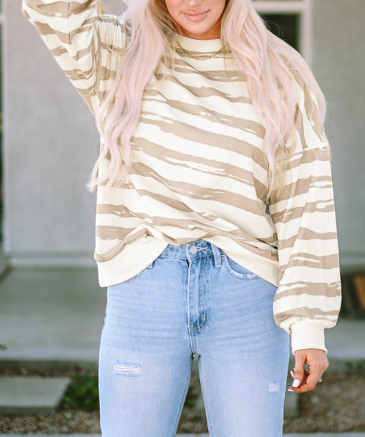 Oversized Striped Bishop Sleeve Pullover Sweatshirt