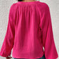 Rose Crinkle Split Neck Puff Sleeve Blouse
