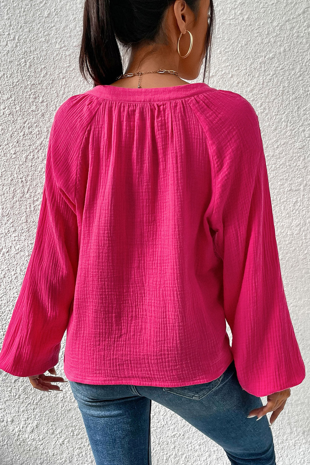 Rose Crinkle Split Neck Puff Sleeve Blouse
