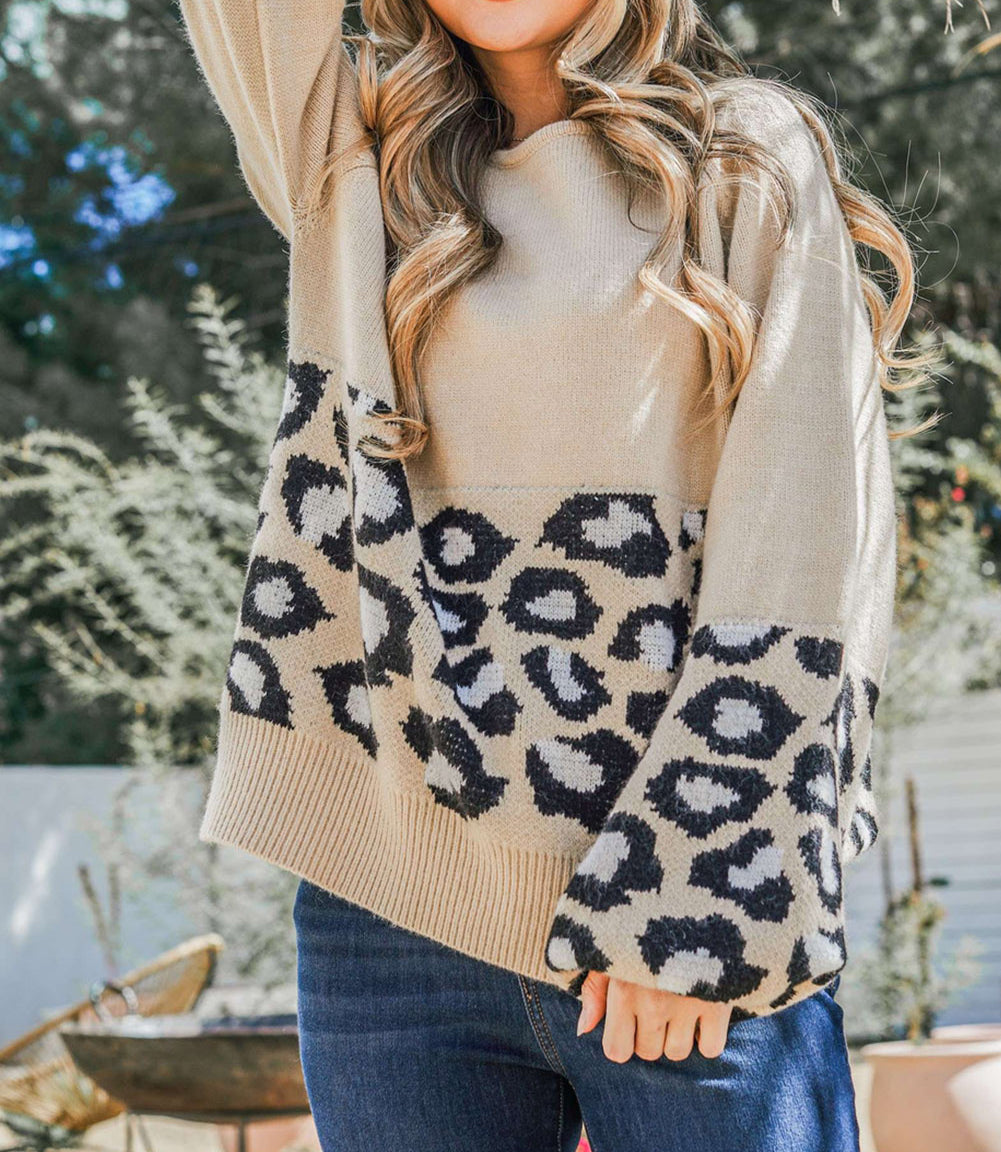 Leopard Patchwork Knitted Puff Sleeve Sweater