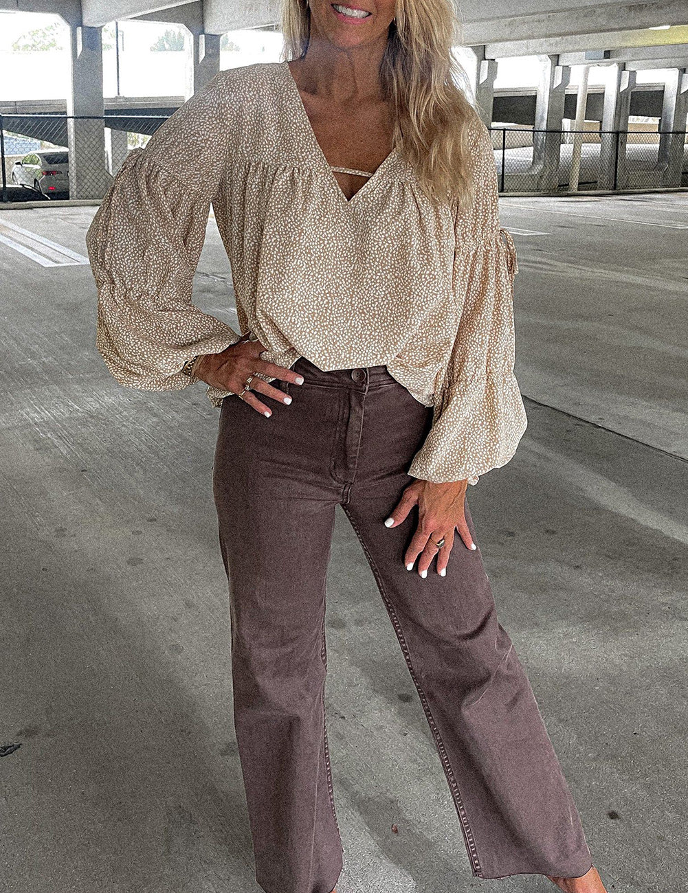 V Neck Bow Tie Bubble Sleeve Blouse