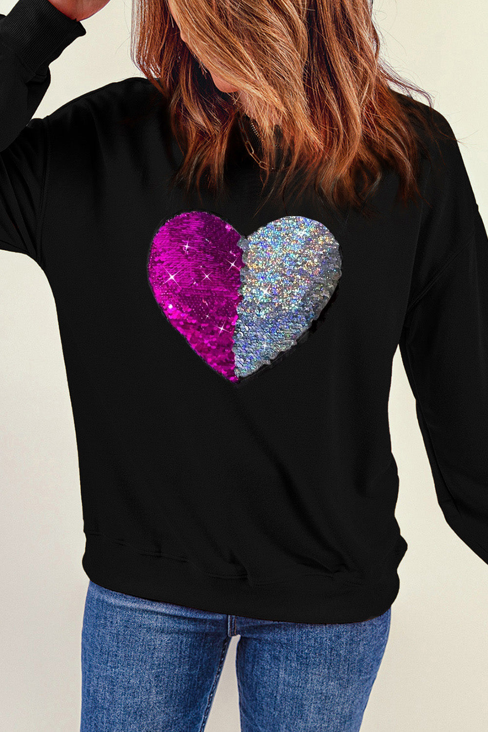 2-tone Sequined Heart Graphic Sweatshirt