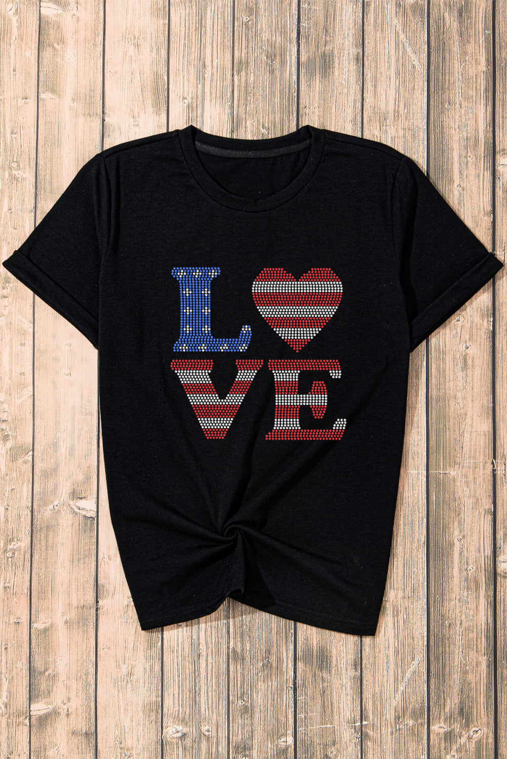 Rhinestone USA Flag Stripes and Stars LOVE Graphic T Shirt