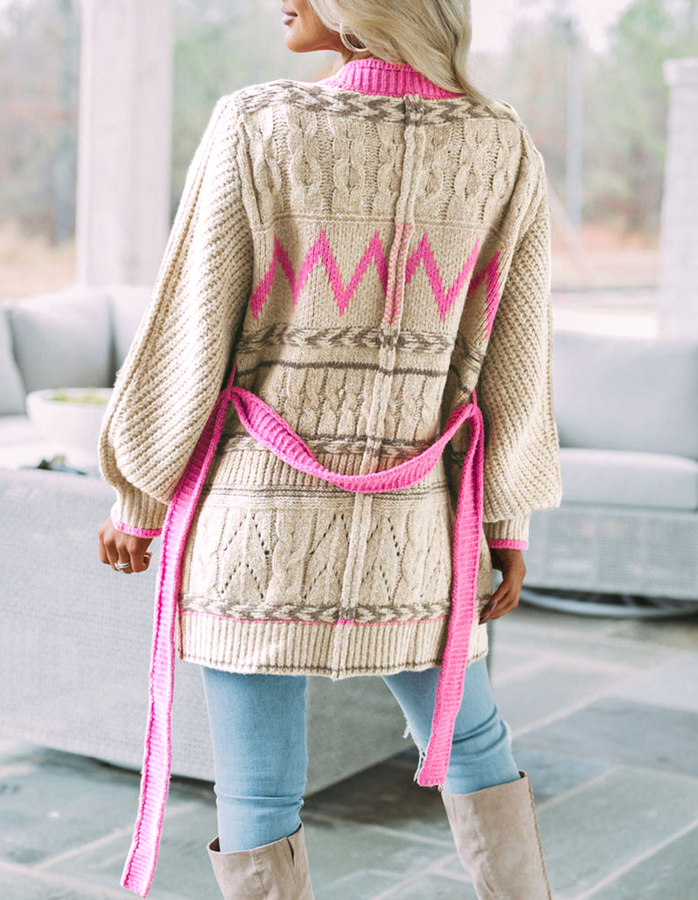 Geometric Cable Knit Pocketed Open Front Cardigan