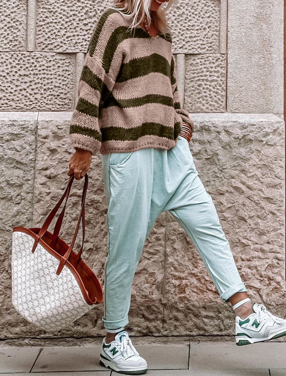 Striped Colorblock Knit V Neck Loose Fit Sweater