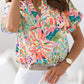 Abstract Floral Print Notch V Neck Rolled Short Sleeve Blouse
