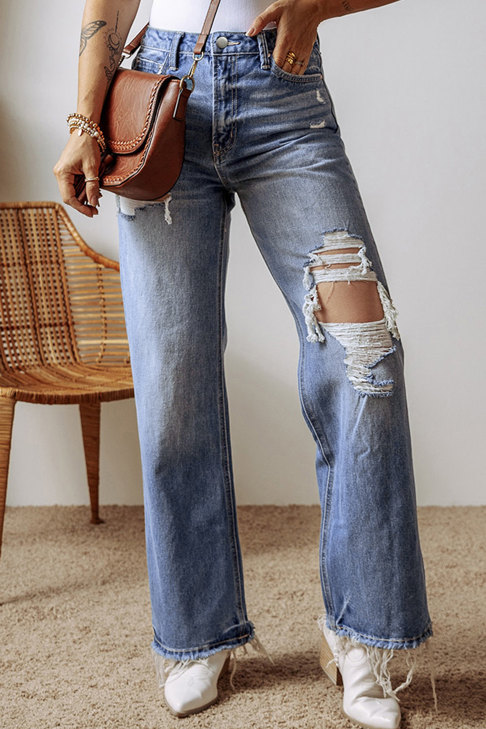 Distressed Raw Hem Straight Leg High Waist Jeans